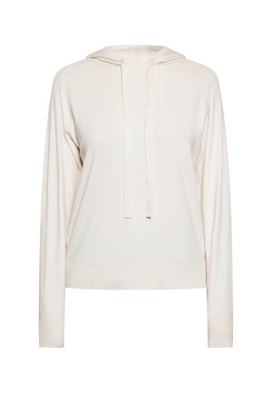 Helle beige Kapuzen sweatshirt mit langen Ärmeln, Rippbündchen und Kordelzug. Weicher Stoff und lockere Passform. Keine Muster oder Verzierungen.