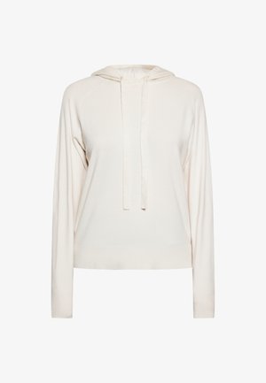 Világos bézs kapucnis pulóver hosszú ujjal, bordázott mandzsettával és húzózsinórral. Puha tapintású és laza fazonú. Nincs rajta minta vagy díszítmény.