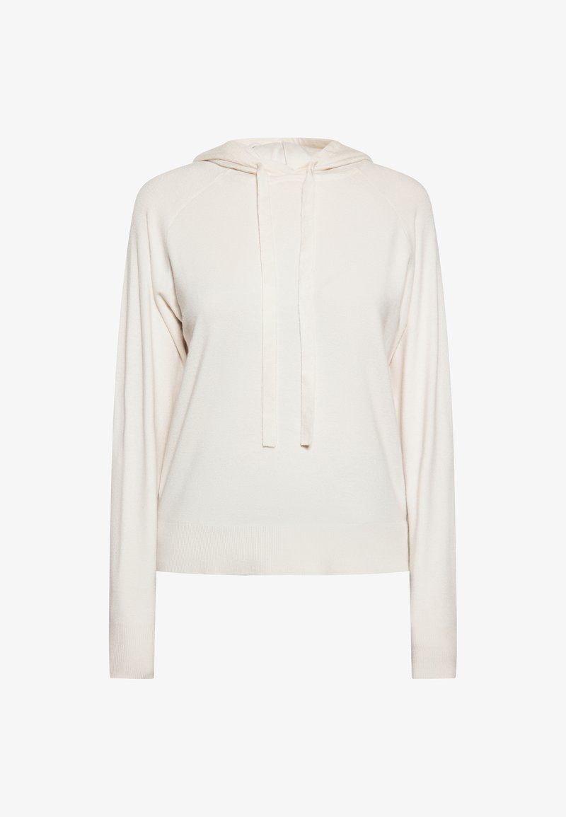 Jasnokremowa bluza z kapturem, z długimi rękawami, ściągaczami na końcach rękawów i sznurkiem do regulacji. Miękka tekstura i luźny krój. Bez wzorów i zdobień.