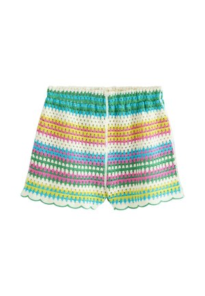 Hæklet shorts med flerfarvede horisontale striber i blå, grøn, pink, gul og hvid samt bølgede kanter på sømmene.