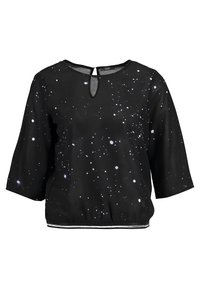 Blouse noire avec un motif étoilé en blanc et bleu, manches courtes, détail d'encolure en forme de trou de serrure, et ourlet  élastique.