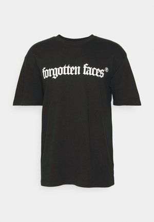 Black cotton t-shirt featuring a white graphic print that reads "forgotten faces" in a stylized font across the chest. Short sleeves and crew neck.