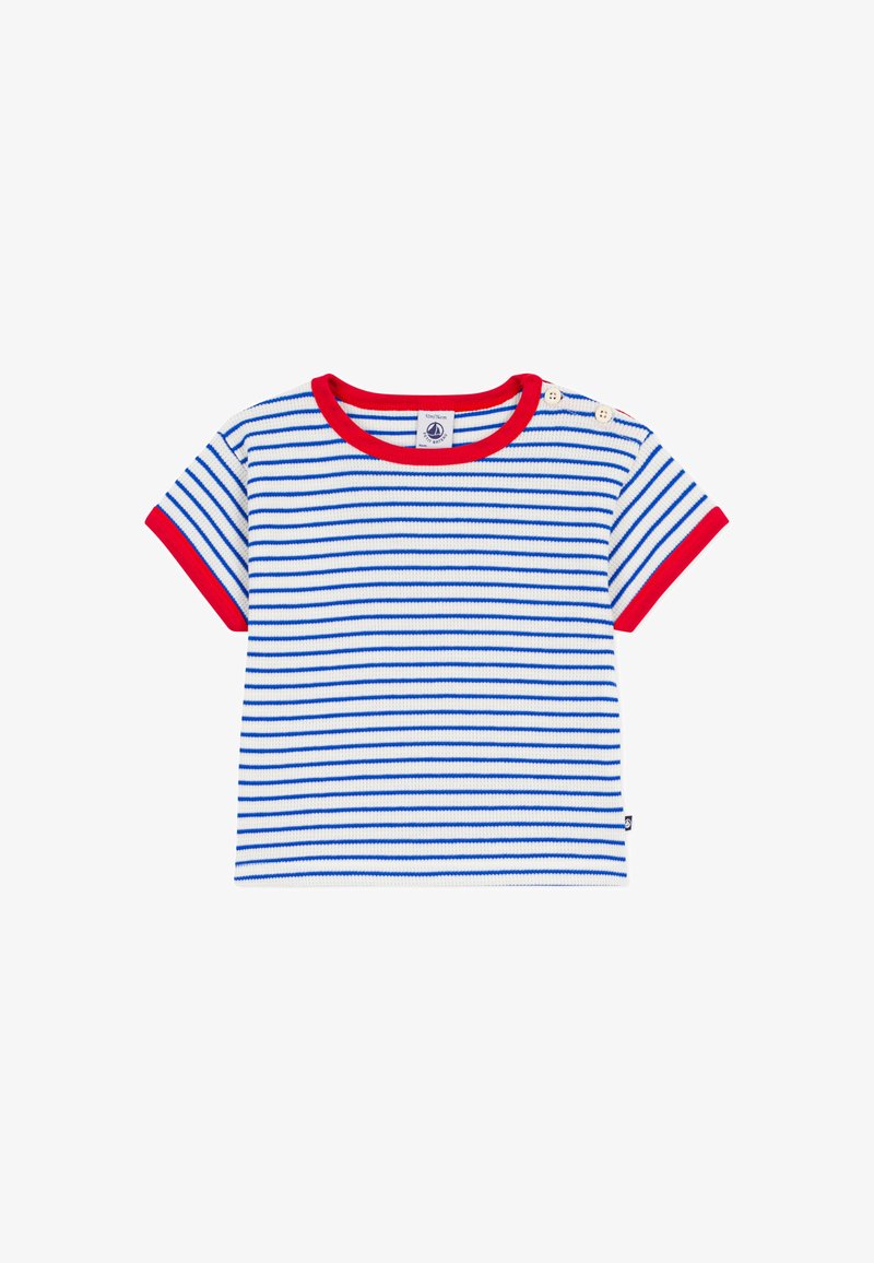Gestreiftes T-Shirt mit kurzen Ärmeln in Weiß, Marineblau und Rot. Verfügt über eine gerippte Textur, einen Rundhalsausschnitt und zwei Knöpfe auf der Schulter.