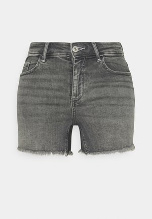 Höga svarta denimshorts med fransad nederkant, med knäppning, femficksdesign och lätt blekning för en texturerad look.