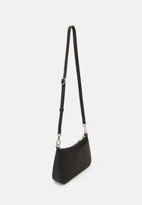 Black leather shoulder bag with a slim shape, adjustable strap, and gold-tone hardware accents. Textured surface with a zippered closure.
