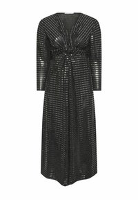 Zwarte lange jurk met een diepe V-hals, lange mouwen en horizontale metallic lintdetails die textuurstripes creëren.