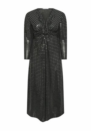 Black long dress with a deep V-neck, long sleeves, and horizontal metallic ribbon detailing creating textured stripes.