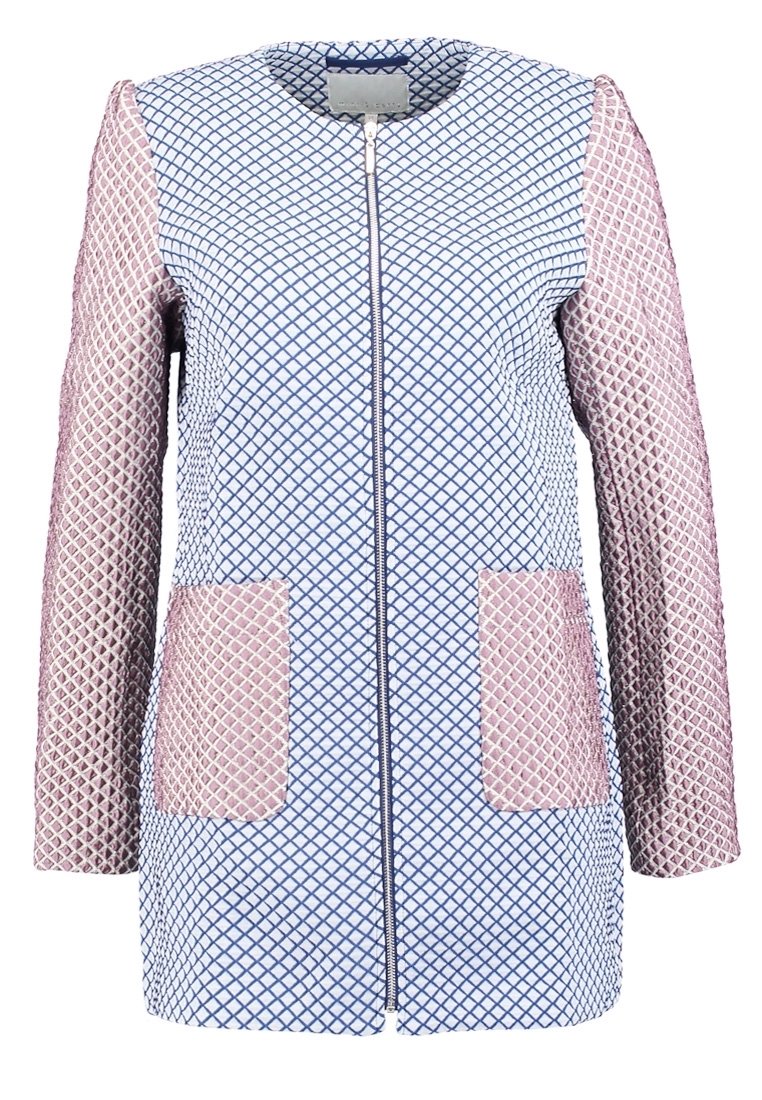 Fitted coat featuring blue geometric patterns, pink textured sleeves, two front patch pockets, and a central zipper closure.