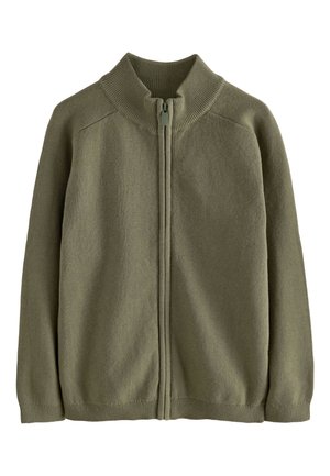 Cárdigan tejido verde oliva con cremallera, cuello alzado canalé, mangas largas y dobladillo y puños acanalados.