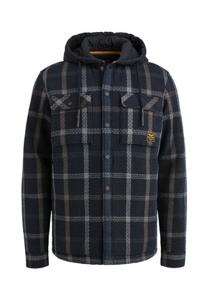 Plaid flannel shirt jacket with a navy and gray pattern, featuring a hood, button closures, chest pockets, and a textured fabric.