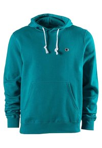 Turkos herrhuva i mjukt tyg, har en känguruficka, dragsko i huvan och en liten logotyp på bröstet.