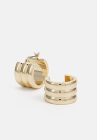 Gold-colored hoop earrings with a three-bar design, featuring a smooth, shiny metal finish and a hinged clasp closure.