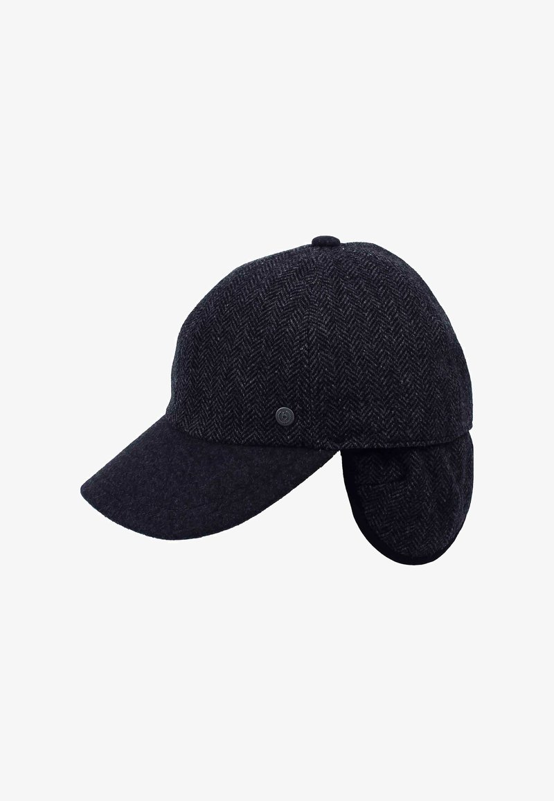 Cappello herringbone grigio scuro con visiera curva, alette per le orecchie e un piccolo logo circolare sul lato, realizzato in un materiale misto lana testurizzato.