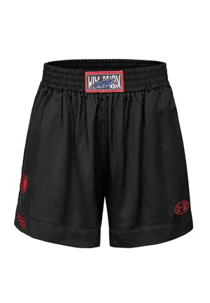 Czarne szorty z elastycznym pasem, zdobione czerwonymi haftowanymi wzorami w kształcie promieni słońca i liści. Wykonane z lekkiego materiału.