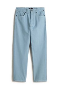 Light blue, straight-leg denim pants with five pockets, subtle contrast stitching, and a branded label on the waistband.