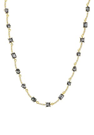 Gold chain necklace featuring rectangular black stones and round clear stones, interconnected with delicate links.