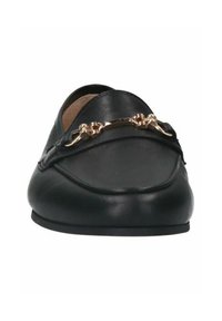 Black leather loafers with a gold chain accent on the upper. Smooth texture, rounded toe, flat sole. Clean, classic design.