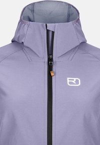 Light purple jacket with a high collar, black zipper, and a small white logo. Smooth texture with a fitted design and clean lines.