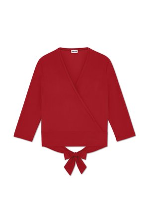 Top avvolgente rosso con maniche lunghe, scollatura a V e dettaglio con fiocco in vita. Realizzato in un tessuto liscio e elasticizzato con un colore uniforme.