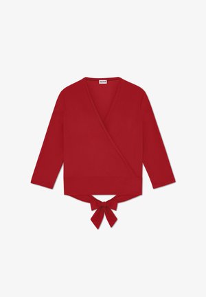 Rød omslagstop med lange ærmer, V-udskæring og bindebånd i taljen. Lavet af et glat, strækbart stof med en ensfarvet behandling.