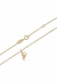 Gul halskæde med en delikat ballerina charms med lyserøde accenter, forbundet med en fin kæde med en hummerlås.