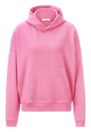 Felpa rosa in cotone con cappuccio ampio, tasca a marsupio frontale e polsini e bordo a coste. Texture morbida, vestibilità rilassata e dettagli minimi.