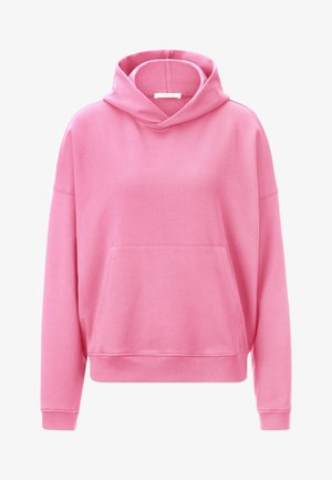 Pink cotton hoodie with a spacious hood, front kangaroo pocket, and ribbed cuffs and hem. Soft texture, relaxed fit, and minimal detailing.