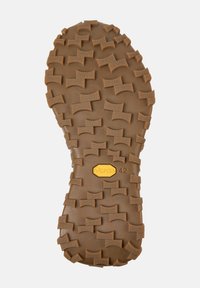 Suola di scarpa in gomma marrone con un motivo a trama testurizzata e design a zigzag, dotata di logo Vibram giallo, taglia 42.