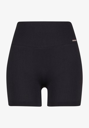 Zwarte geribbelde shorts met een hoge taille en een gladde textuur. Het ontwerp heeft een subtiele merkaanduiding op de tailleband.