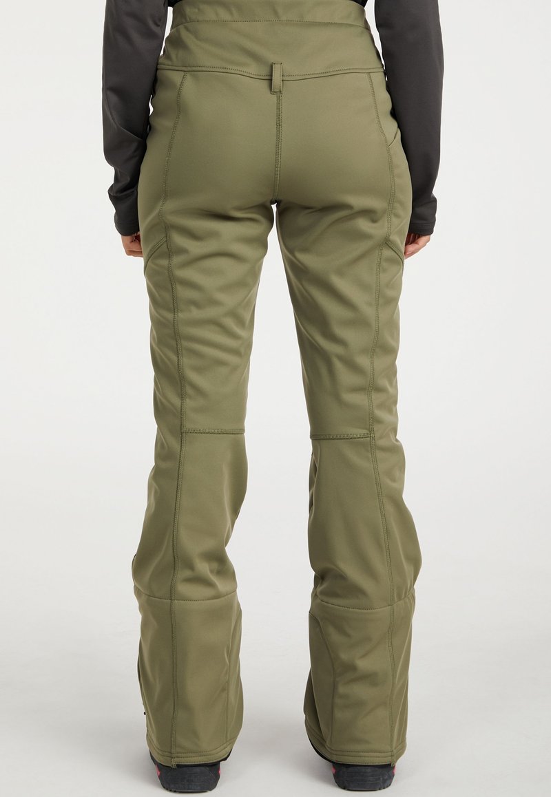 Olivgrüne Skihosen aus flexiblem Material, mit hoher Taille, seitlichen Nähten und geradem Bein-Design mit verstärkten Akzenten.