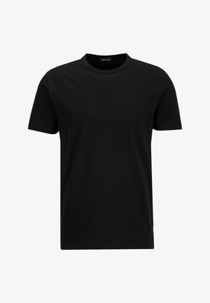 Schwarzes kurzärmeliges T-Shirt mit Rundhalsausschnitt und kleinem "REPLAY"-Label im Kragen, schlichtes Design.