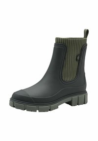 Black rubber ankle boots with a textured green knit upper, sturdy outsole, and a rounded toe. Features a pull tab for easy wear.