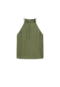 Oliven grøn linned halterneck top med spaghettistropper, lige kant og lynlåslukning i ryggen; tekstureret stof.