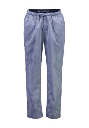 Mænds lyseblå stripede pyjamasbukser med elastisk talje og snor, lige ben, og mærkeindeks indvendigt i taljen.