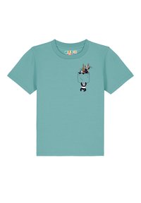 Türkises T-Shirt mit kurzen Ärmeln und einer Taschenapplikation, die verspielte Panda-Grafiken und Bambusstäbe zeigt. Weicher, leichter Stoff.