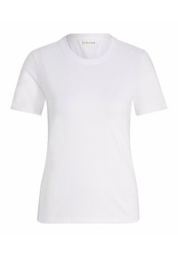 Witte katoenen T-shirt met korte mouwen, ronde hals en een gladde textuur. Beschikt over een merklabel dat binnenin de hals is gedrukt.