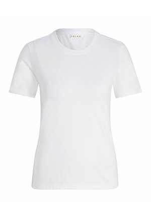 Witte katoenen T-shirt met korte mouwen, ronde hals en een gladde textuur. Beschikt over een merklabel dat binnenin de hals is gedrukt.