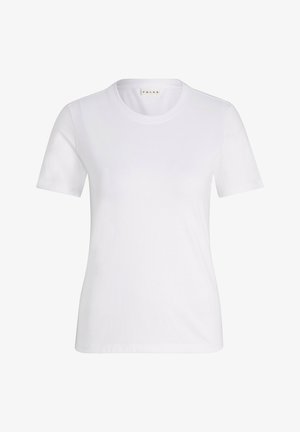 Weißes Baumwoll-T-Shirt mit kurzen Ärmeln, Rundhalsausschnitt und glatter Textur. Enthält ein Markenetikett, das innen am Kragen aufgedruckt ist.