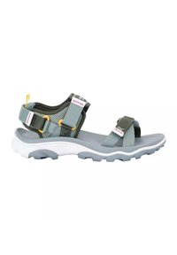 Sandale extérieure gris clair et gris foncé avec brides réglables, détails jaunes, semelle rembourrée et semelle robuste pour la randonnée ou un usage décontracté.