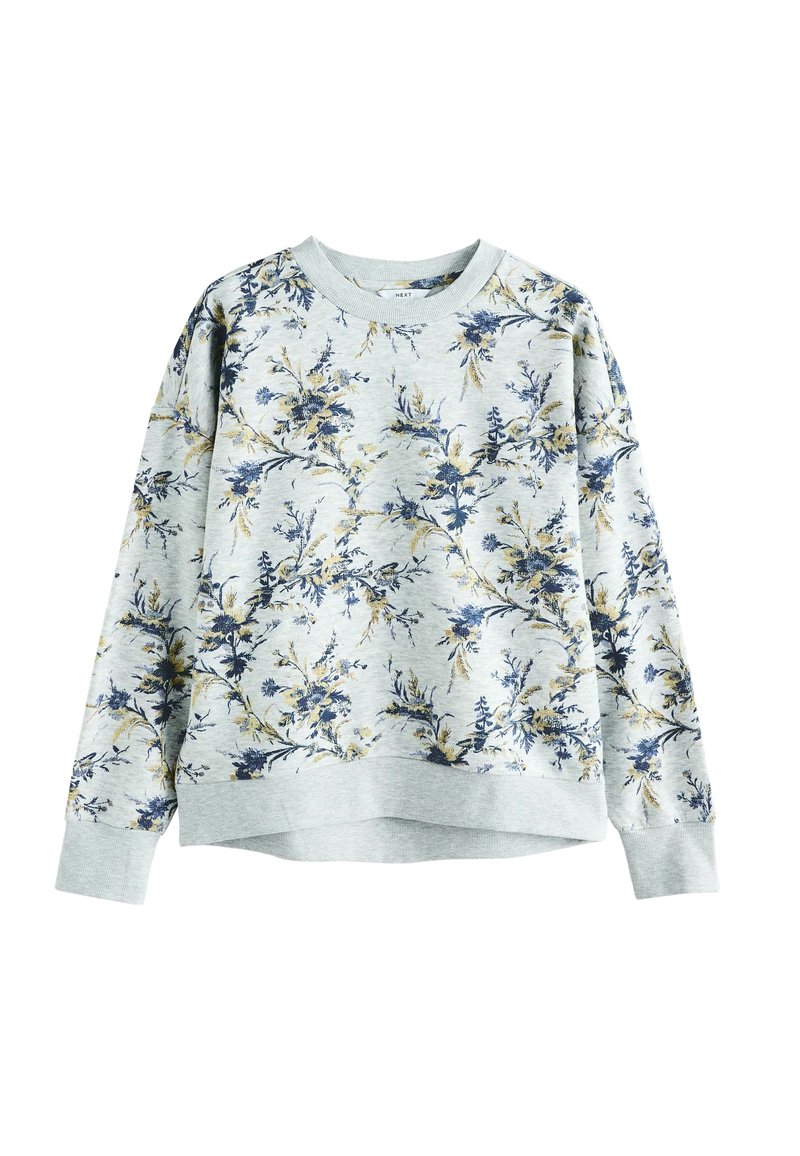 Sweat-shirt gris clair à manches longues avec motif floral bleu et beige, poignets et ourlet côtelés, et encolure ronde.