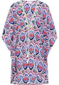 Multikolorni kaftan s živopisnim ikat uzorkom u plavoj, ružičastoj i narančastoj boji. Ima V-izrez ukrašen šljokicama i rese.