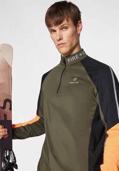 Men's zip-up athletic top in olive green, black, and orange, featuring a high collar and logo detail. Fabric appears smooth and fitted.