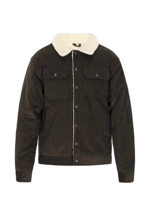 Ruskea corduroy-takki, jossa on valkoinen tekoturkiskaarroke, etuosan napit, ja kaksi rintataskua läpillä.