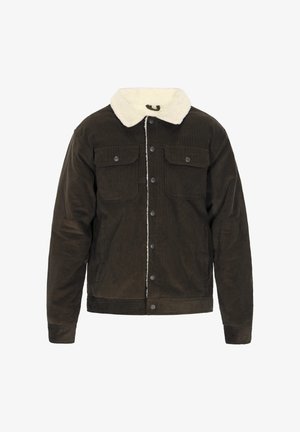 Jachetă din catifea maro cu guler faux de miel alb, închidere frontală cu capse și două buzunare pe piept cu clapete.