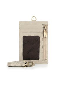 Portafoglio in pelle beige con slot per ID trasparente, tasca con zip e diverse fessure per carte. Presenta accessori in tono dorato e una tracolla staccabile.