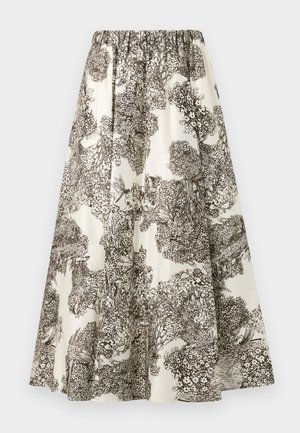 Maxi rok van crèmekleurige stof met een bruine botanische print. Bevat een elastische tailleband en een vloeiende ontwerp. Gewelfde, gedetailleerde patroon door de hele rok.