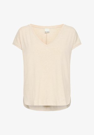 Bež majica s V-izrezom, kratkim rukavima i ravnim rubom. Lagana tkanina s blago teksturiranim završetkom i bočnim prorezima.