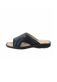 Sandalo infradito in pelle blu navy con design a strappe incrociate, soletta imbottita beige e suola flessibile in gomma nera.