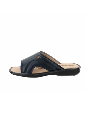Sandalo infradito in pelle blu navy con design a strappe incrociate, soletta imbottita beige e suola flessibile in gomma nera.