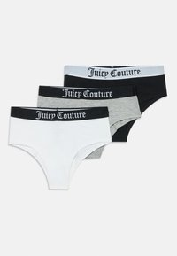 Trzy damskie majtki hipster w kolorach białym, szarym i czarnym z kontrastowymi paskami w kolorze marki "Juicy Couture."